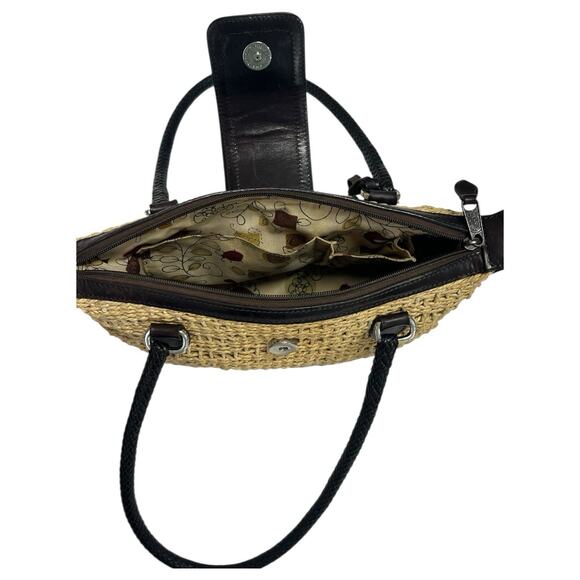 VTG Brighton Purse Brown Leather Straw Woven Double Handle Heart Boho 90s Y2K - Picture 5 of 16